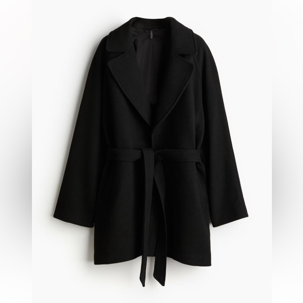 H&M Black Trench Coat with High Collar and Defined Waistline